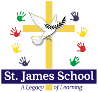 gold cross with dove and feather in front, surrounded by kid's handprints: St. James School A Legacy of Learning