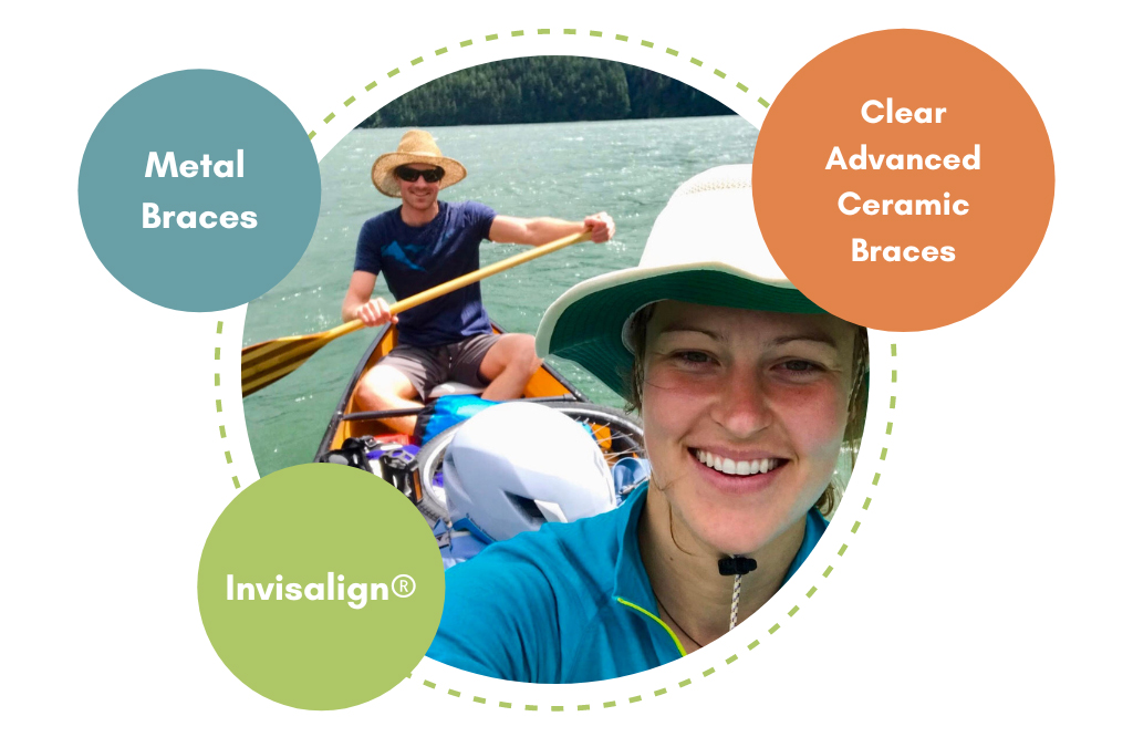 Metal Braces, Clear Advanced Ceramic Braces, Invisalign bubbles around a picture of happy people canoeing